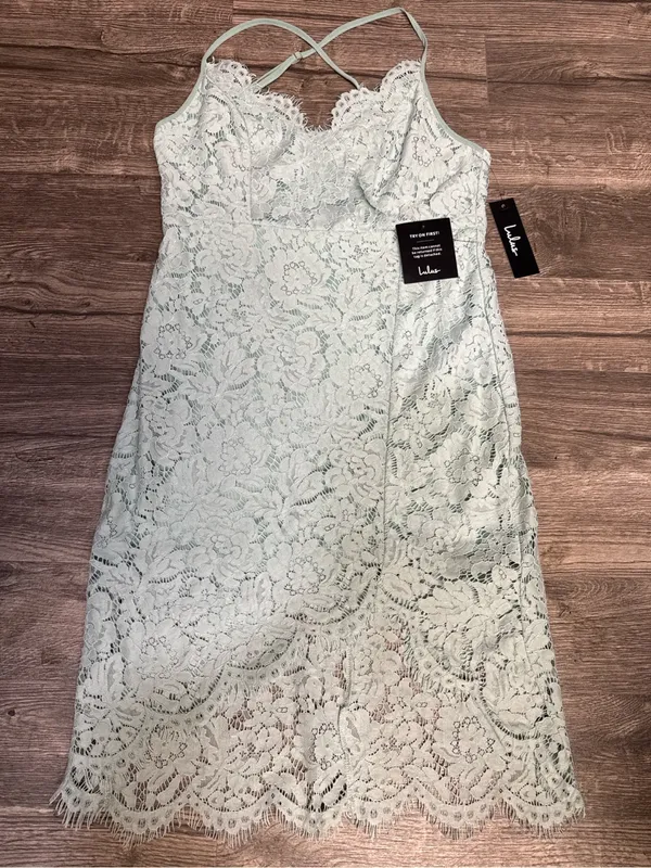 Lulus Light Blue Floral Lace Open Back Mini Dress NWT - Image 3