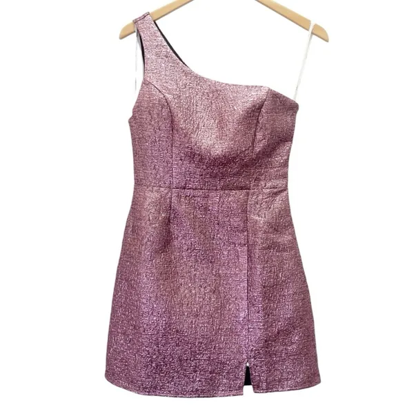 NWT Lulus Pink Metallic Jacquard One Shoulder Mini Dress Sz Small Bodycon Party - Image 2