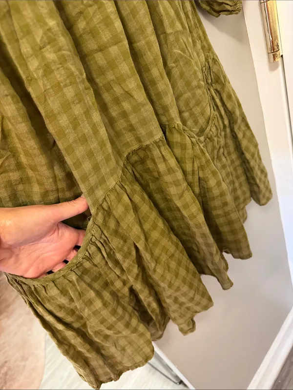 Entro Olive Green Gingham & Crochet Boho Tunic Dress S - Image 4