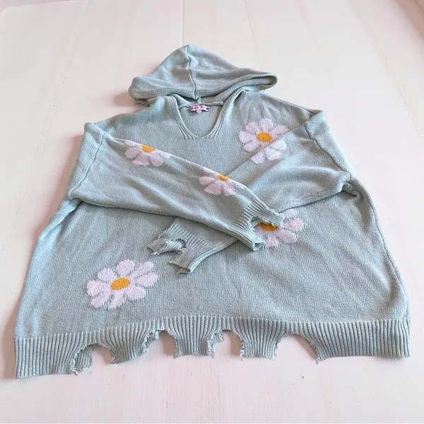 Hazel Moon Daisy Distressed Cropped Hoodie Sweater 3X Mint Green - Image 12