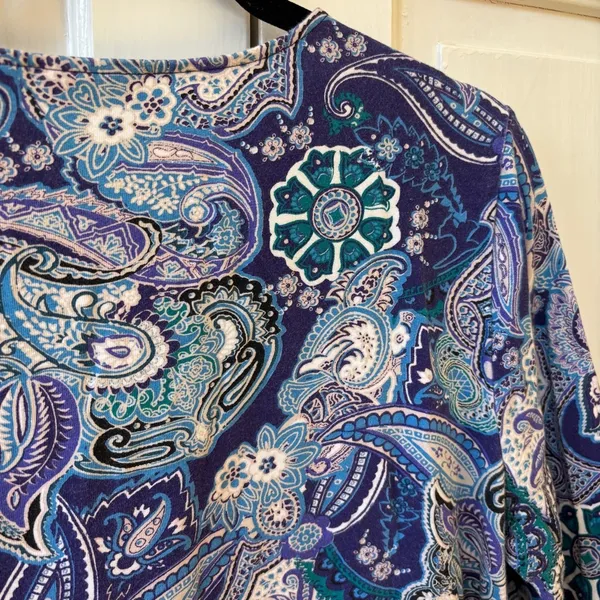 Chico's Size 2 Blue‎ Abstract Floral Paisley Print Blouse Top Shirt Size Large - Image 8
