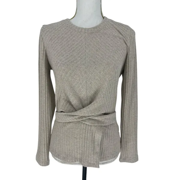 Tanya Taylor Kelsey Rib Knit Twist Front Long Sleeve Top‎ Beige M - Image 4