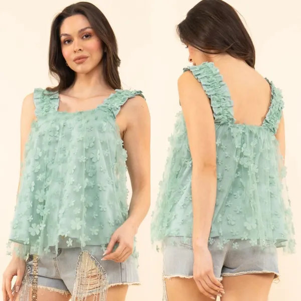 XL Blue Velvet NWT Floral Ruffle Green Top - Image 2