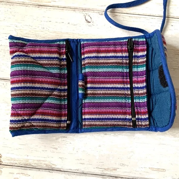 Fair Trade Stitched Purse Wallet Women’s Crossbody Bag Blue Purple Stripes - Image 3