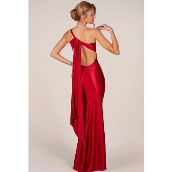 Oh Polly Adelina Asymmetric Tie Back Maxi Gown Dress in Cherry Red Size M New - Image 3