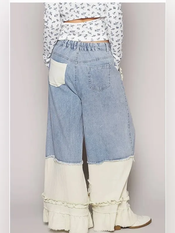 NWT POL Ruffle Hem Contrast Denim Wide Leg Jeans with Drawstring Waist - Image 7