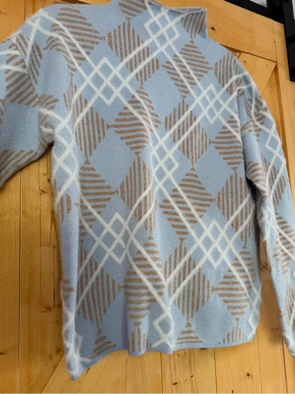 Rachel Zoe Blue & Tan Diamond Pattern Mock Neck Sweater Large - Image 5