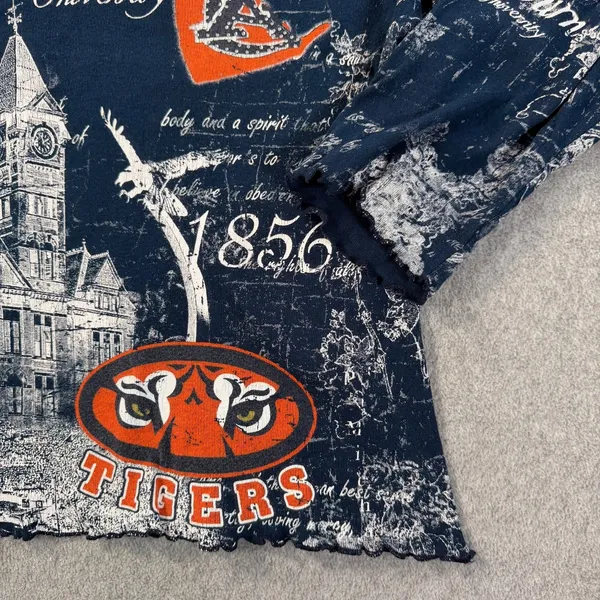 Auburn Tigers Y2k Graphic Blouse Women Large Embellished Ruffle V-Neck 3/4 Sleev - Image 2