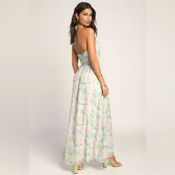 LULU’S Effortlessly Abloom Green Multi Floral Ruched Halter Maxi Dress - Image 8