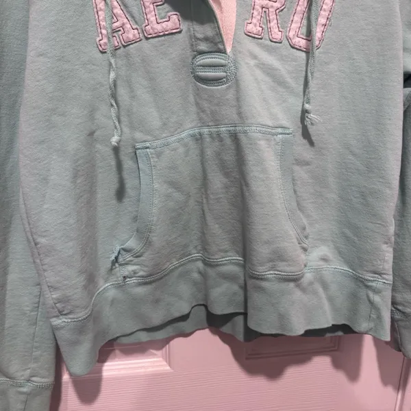 Aeropostale Women's Light Blue V-Neck "AERO" Appliqué Pullover Hoodie Sweatshirt - Image 4