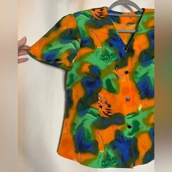 Vintage Orange Blue Green Button Blouse XL - Image 4