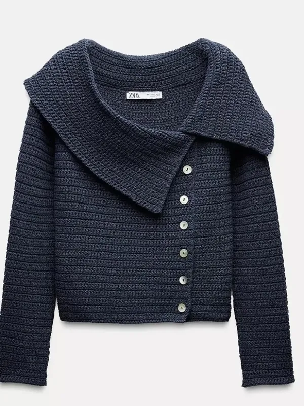 Zara Asymmetric Cropped Knit Sweater Off Shoulder Medium Grey Blue - Image 6