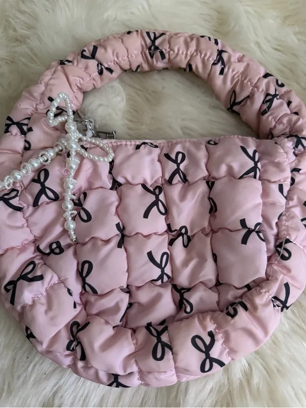 Boutique Pink Quilted Mini Tote with Pearl Bow Charm - Image 3