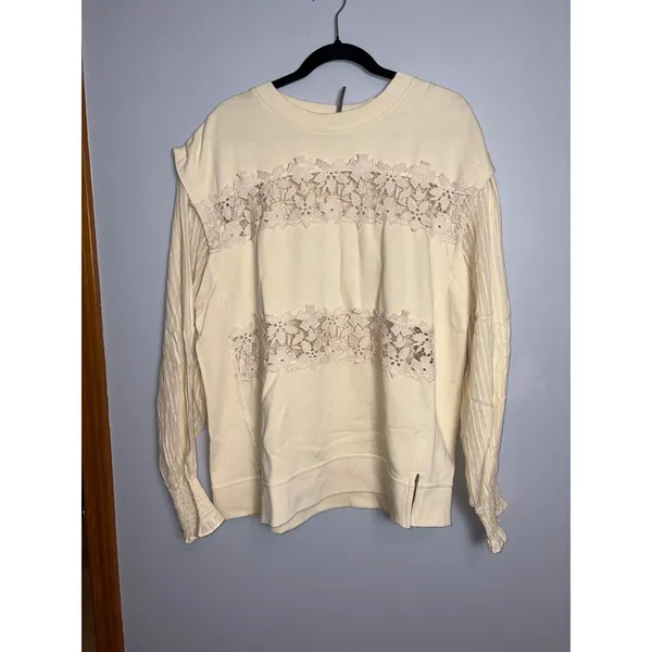 Anthropologie Floral Cutwork Pullover Cream Lace Panel Mixed Media Sweatshirt - Image 2