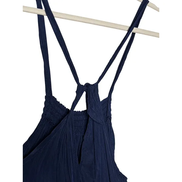 Navy Blue Maxi Halter Dress Boho Tie Back Pockets Size M - Image 5