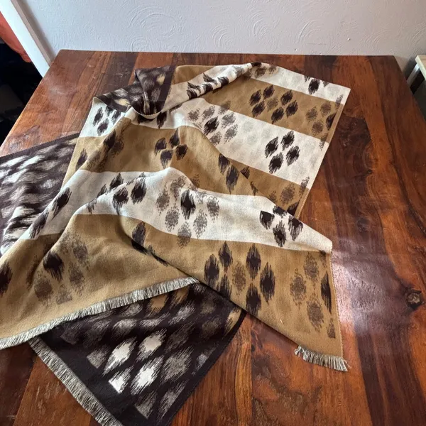 Ikat Diamond Reversible Oversized Wrap Scarf Brown Tan Fringed Shawl‎ 63x27 - Image 4