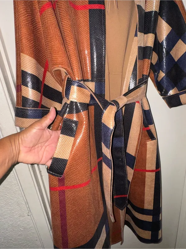 Plaid Belted Utility Trench Coat in Brown and Black - Image 7