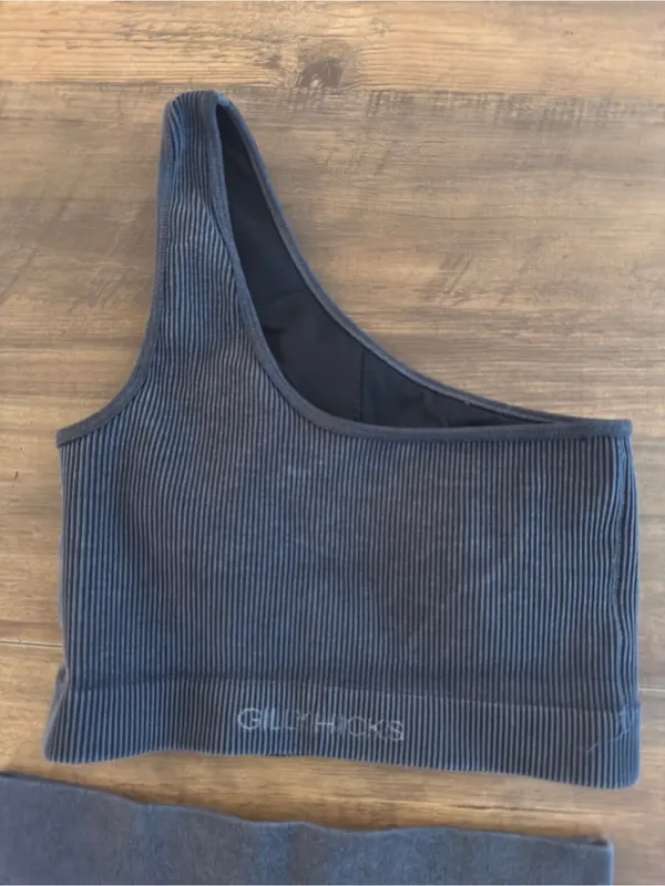 One-Shoulder Ribbed Sports Bra & High-Waist Ribbed Shorts Set - Grey - Image 2
