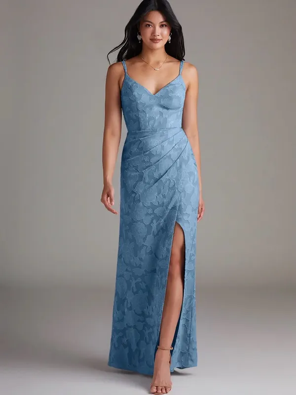 Azazie Leo Blue Lace V-Neck Evening Dress with Side Slit - Image 4