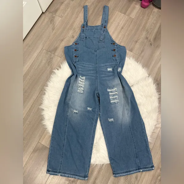 Women's Distressed Blue Denim Overalls (Oversize) Size L - Image 7