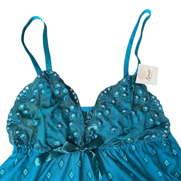 NOS Spree Intimates Plus Size Teal Sheer Sequin Lace Lingerie Mini Slip Dress - Image 2