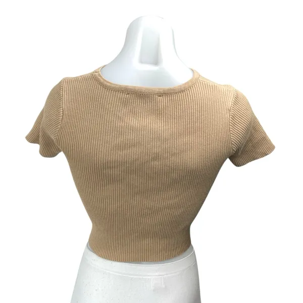 Cider Womens Brown Tan Rib Knit Cutout Short Sleeve High Neck Crop Sweater Top S - Image 2