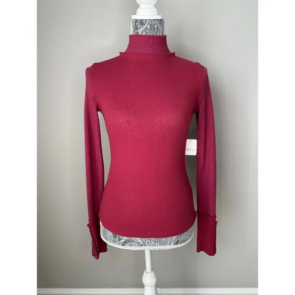 FREE PEOPLE Long Sleeve Mock Neck Studded Sleeve Red Thermal Top Tee Size XS - Image 2
