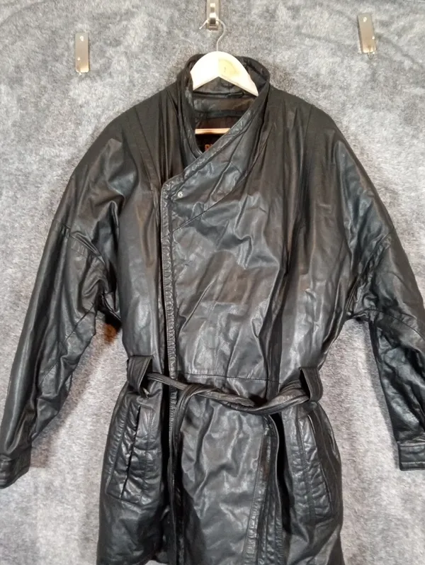 Bilbrook Leather Belted Jacket Full Zip Vintage Trench Coat Biker Goth Size L - Image 3
