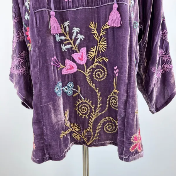 NWOT Johnny Was Silk Blend Velvet Floral Embroidered Tunic Blouse Purple Size XL - Image 5