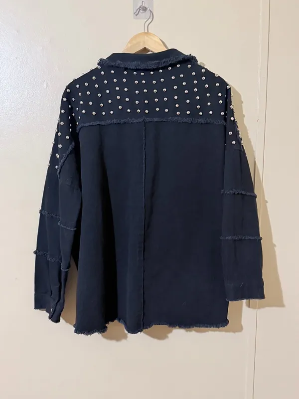 Fantastic Fawn Studded Jacket Black L Collared Snap Frayed Long Sleeve - Image 6