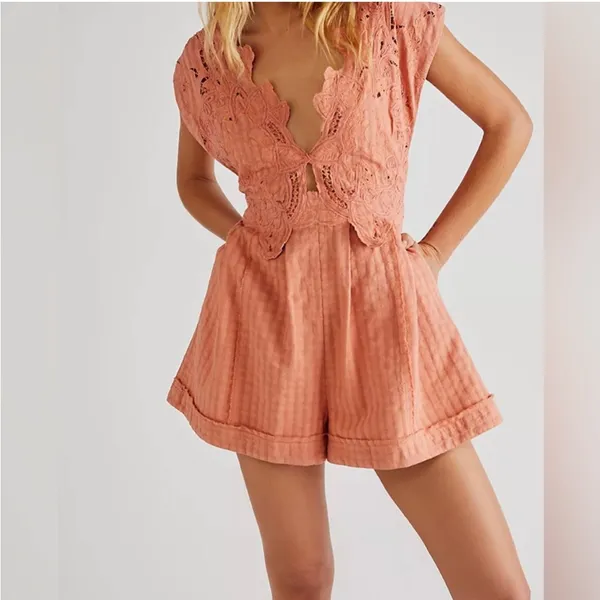 Free People‎ Finley Cutwork Orange Lace Romper Womens Size 4 - Image 8