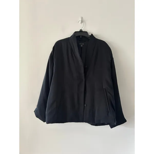 Eileen Fisher Cupro Padded High Collar Coat Black Size S - Image 2
