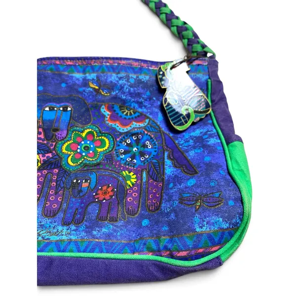 Laurel Burch Shoulder Bag Cats Dogs Purple Green Canvas Art Purse Vintage - Image 10