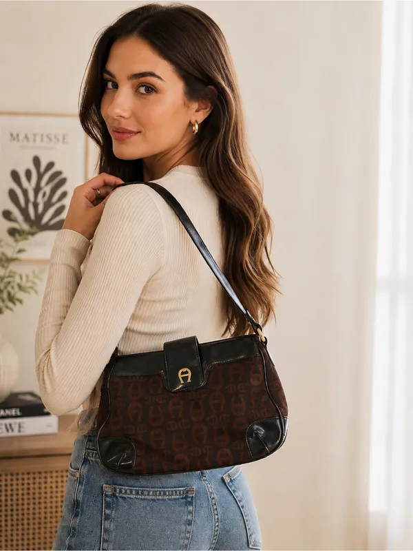 Vintage Etienne Aigner‎ Brown Black Monogram Shoulder Bag Y2K Baguette Purse - Image 2
