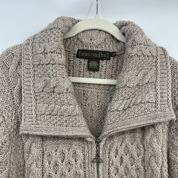inis crafts merino 100% wool Sweater L Tan Long Full Zip Cable Knit Ireland Boho - Image 2