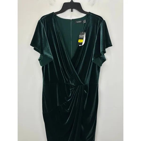 Lauren Ralph Lauren Velvet Flutter Sleeve Cocktail Midi Dress Green US 16 NWT - Image 8