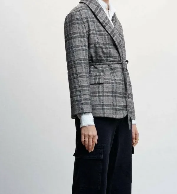 Mango Grey Checked Structured Quilted Jacket - Size M-L - Image 6