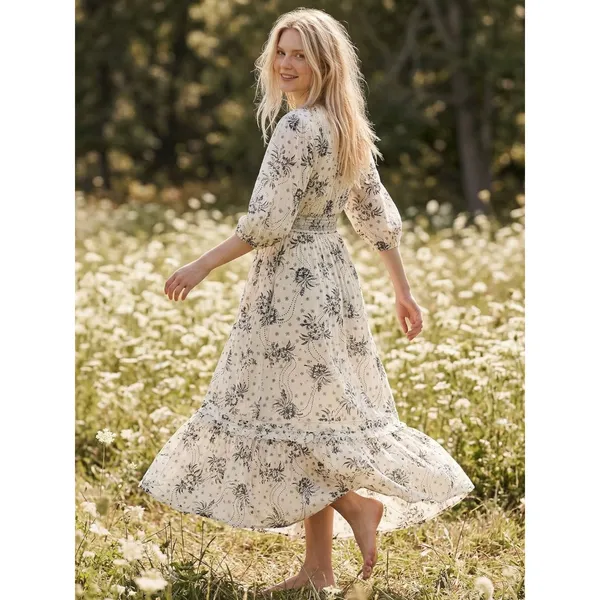 Free People Bohemian Billowy Ethereal Floral Golden Hour Maxi Dress Ivory Large - Image 5