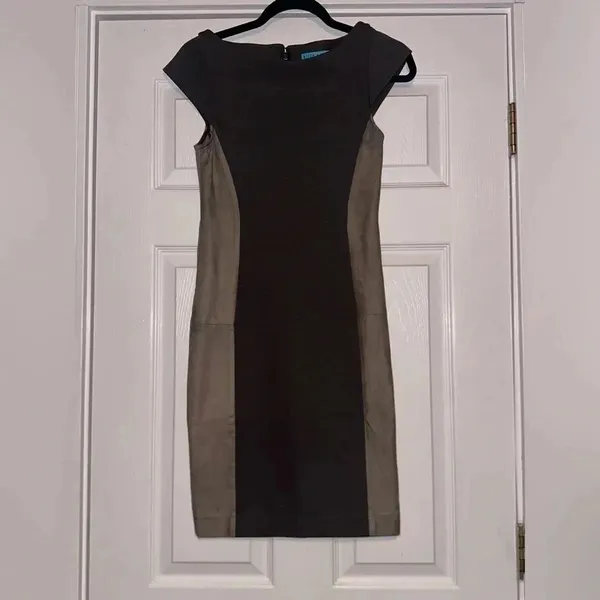ALICE + OLIVIA Leather Silk Spliced‎ Cap Sleeve Mini sheath Dress​ - Image 3