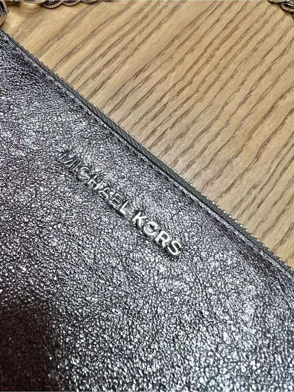 Michael Kors Pouchette Wrislet Gunmetal Metallic Leather Silver Chain Strap - Image 4