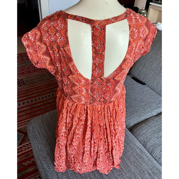 Free People Orange/Red Boho Mini Dress, Sz XS - Image 4