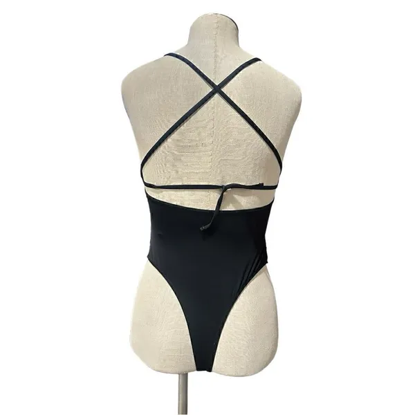 Solid Black Ruched Square Neck Cheeky One-Piece Swimsuit Size Medium - Image 8