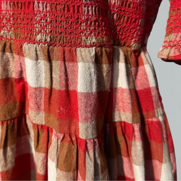 AUREUM Smocked Checkered Mini Dress Red Brown Plaid Cottagecore Prairie Size S - Image 7