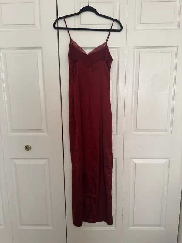 Meshki Deep Wine Red Lace Cutout Satin Effect Maxi Dress - Image 7