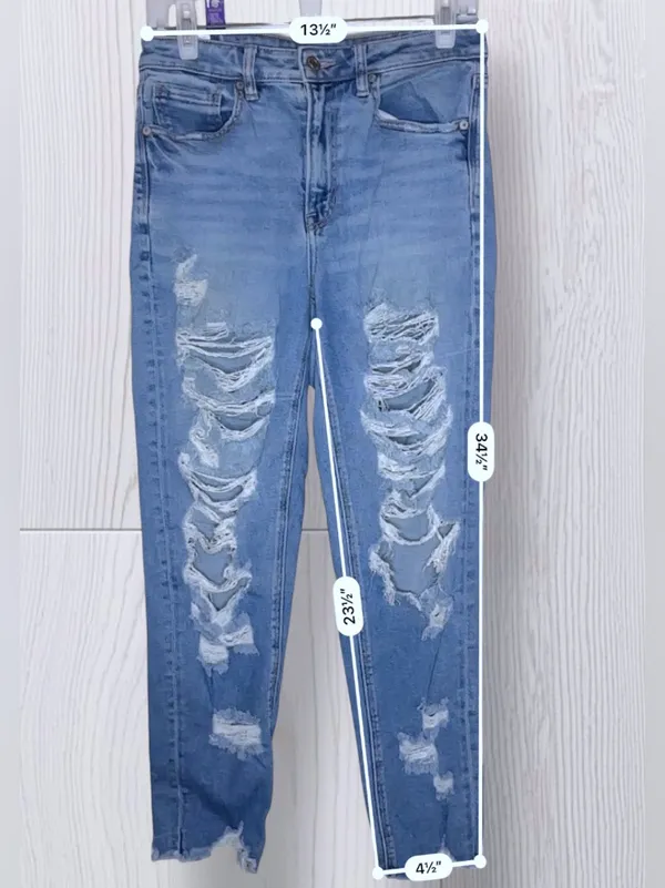 AMERICAN EAGLE High Rise Distressed Mom Jeans with Raw Frayed Hem - Image 12