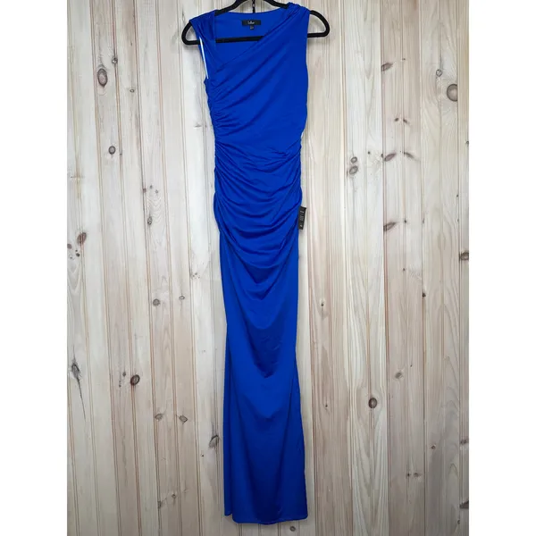 NWT Lulus Enticing Darling Royal Blue Asymmetrical Ruched Maxi Dress Gala Sz XS - Image 2