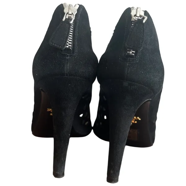 Prada Black Suede Laser Cut Peep Toe Ankle Booties Italy EU 38 US 7.5-8 - Image 5