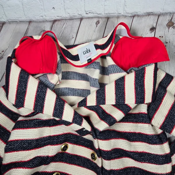 Cabi 5094 Cruise Striped Blazer Jacket 6‎ Navy Cream Red Gold Buttons - Image 7