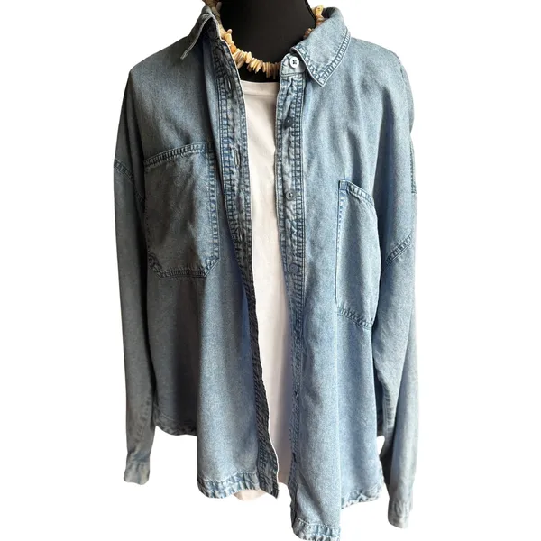 Pink Rose Chambray Shirt Women's M 100% Lyocell Oversized Button Down Coastal - Image 2