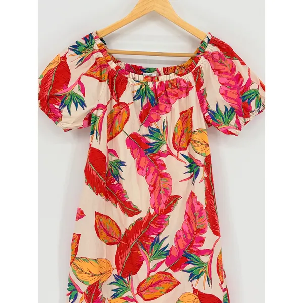 Nine West Tropical Leaf Off Shoulder Dress Small Puff Sleeve‎ Vacation Pockets - Image 5